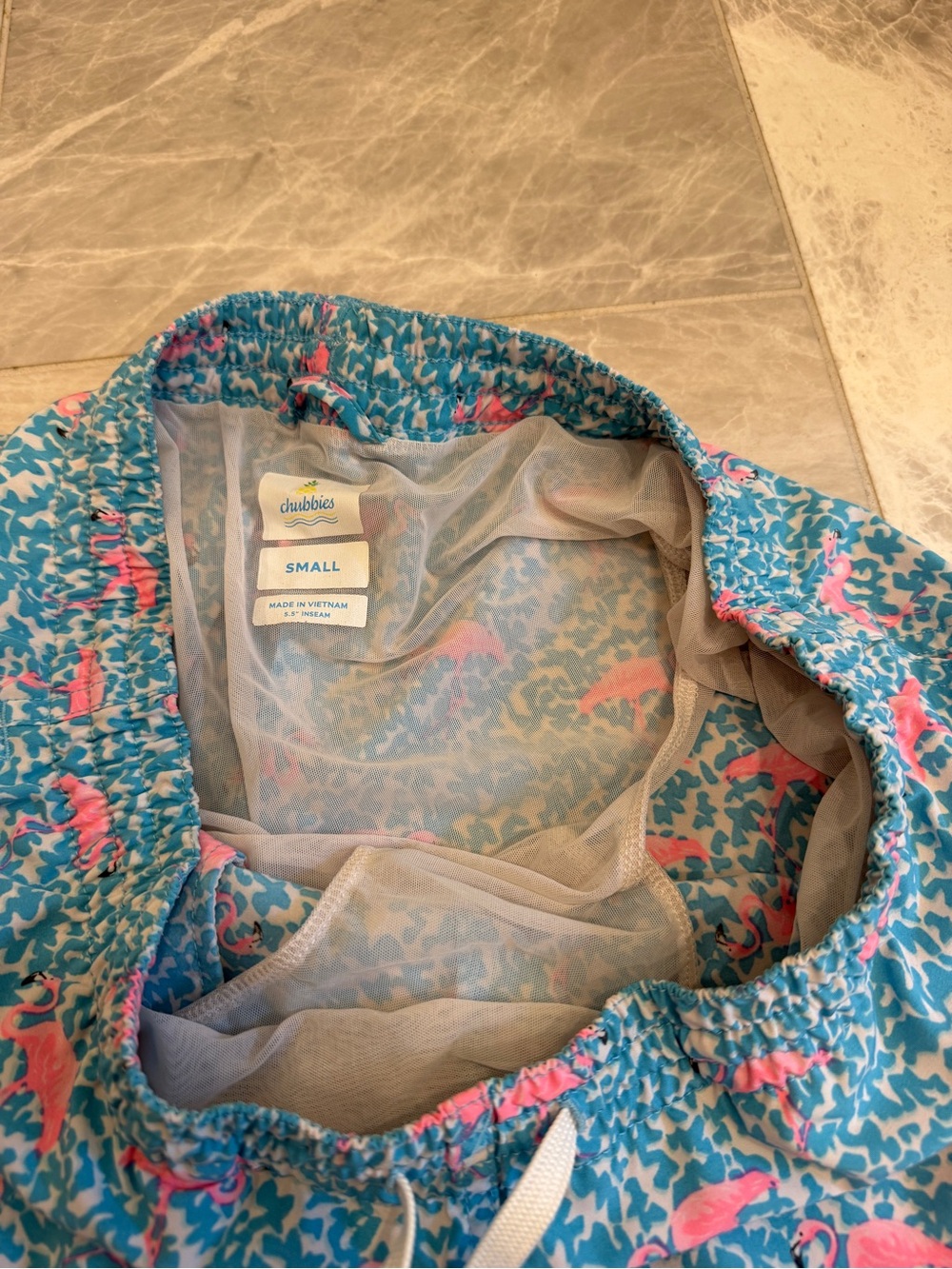 chubbies Aqua Swim Trunks with Pink Flamingo Pattern - Picture 2 of 3